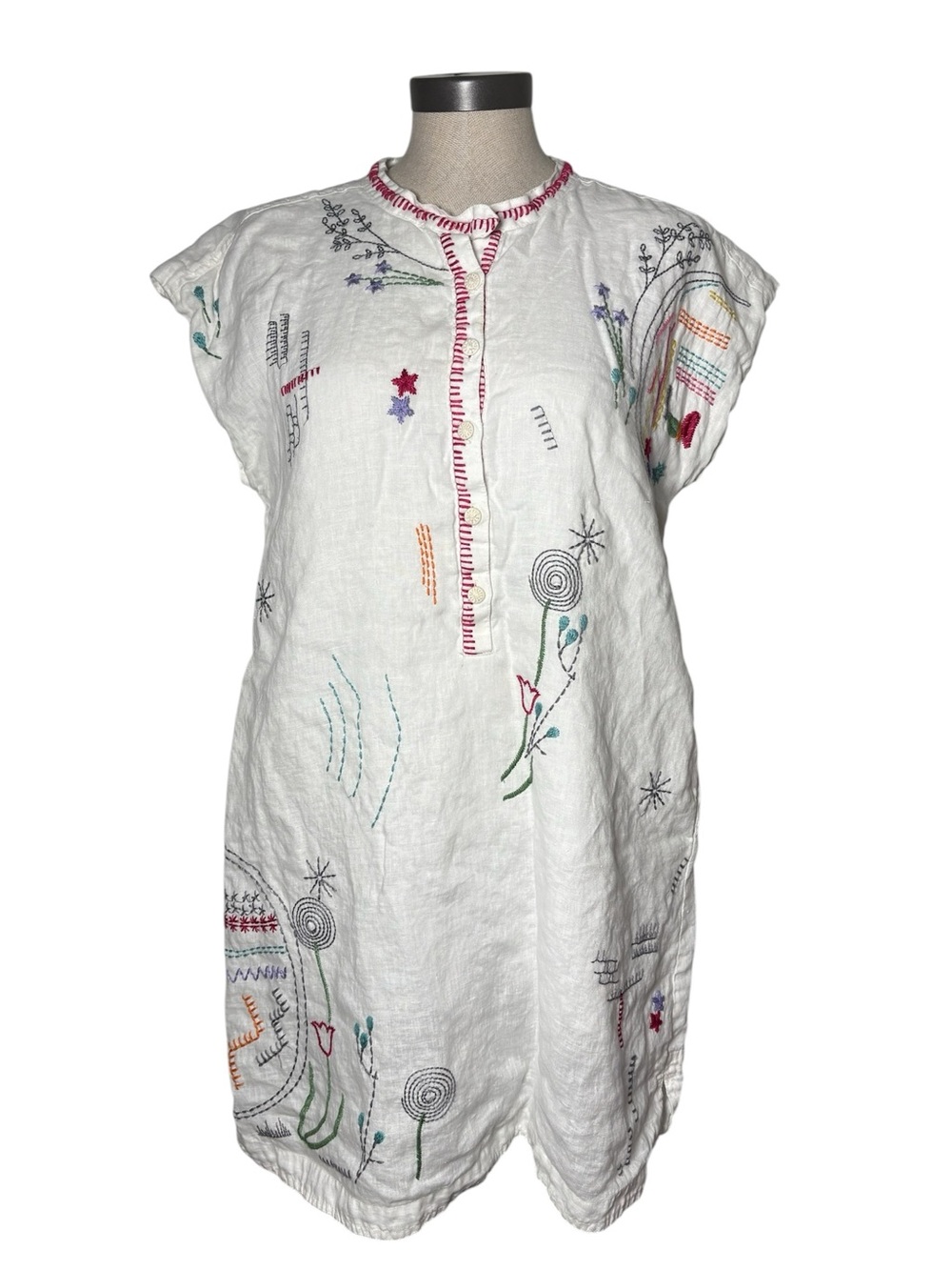 Johnny Was Linen Embroidered Boho Shift Dress XS Floral Cottagecore